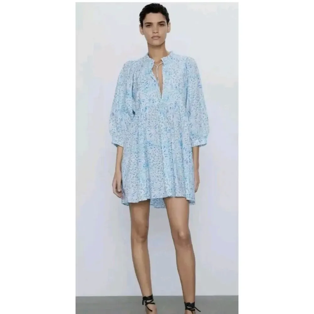 Zara Fancy Blue Poplin Cotton 3/4 Sleeve Dress Mini XS Loveshack Floral Print
